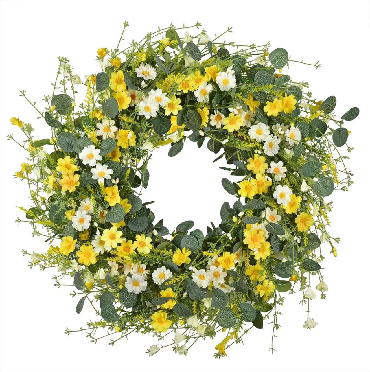 Premium 24 In Daisy Wreath Silk Flowers with Eucalyptus Lavender Boho Farmhouse Wedding Decor Seasonal Wall Hanging Arrangements