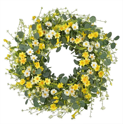 Premium 24 In Daisy Wreath Silk Flowers with Eucalyptus Lavender Boho Farmhouse Wedding Decor Seasonal Wall Hanging Arrangements