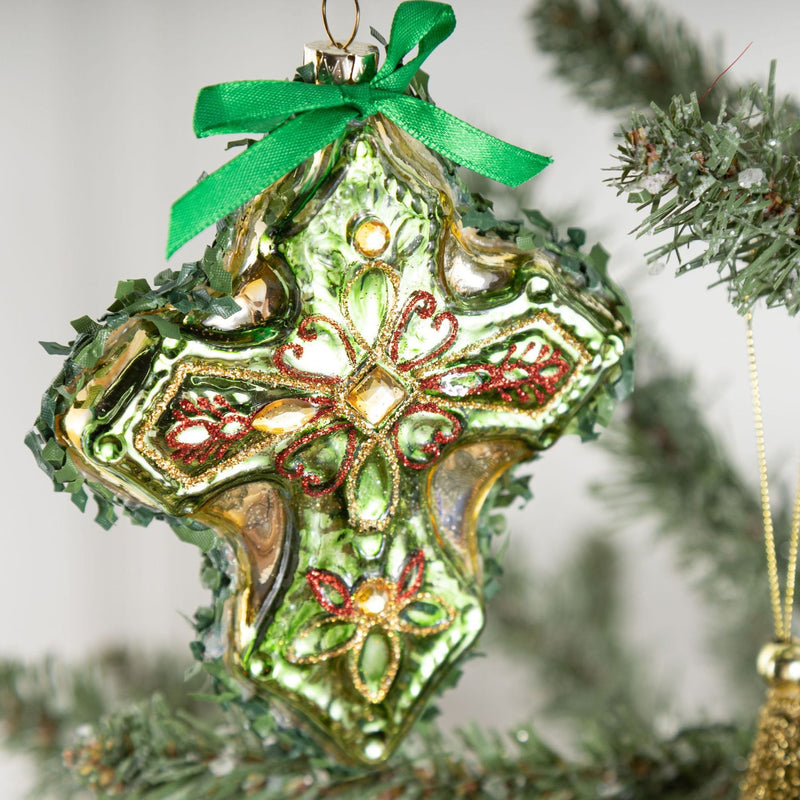 Gold Leaf Cross Hexagon Glass Christmas Ornaments Bulk Pack Holiday Decorations