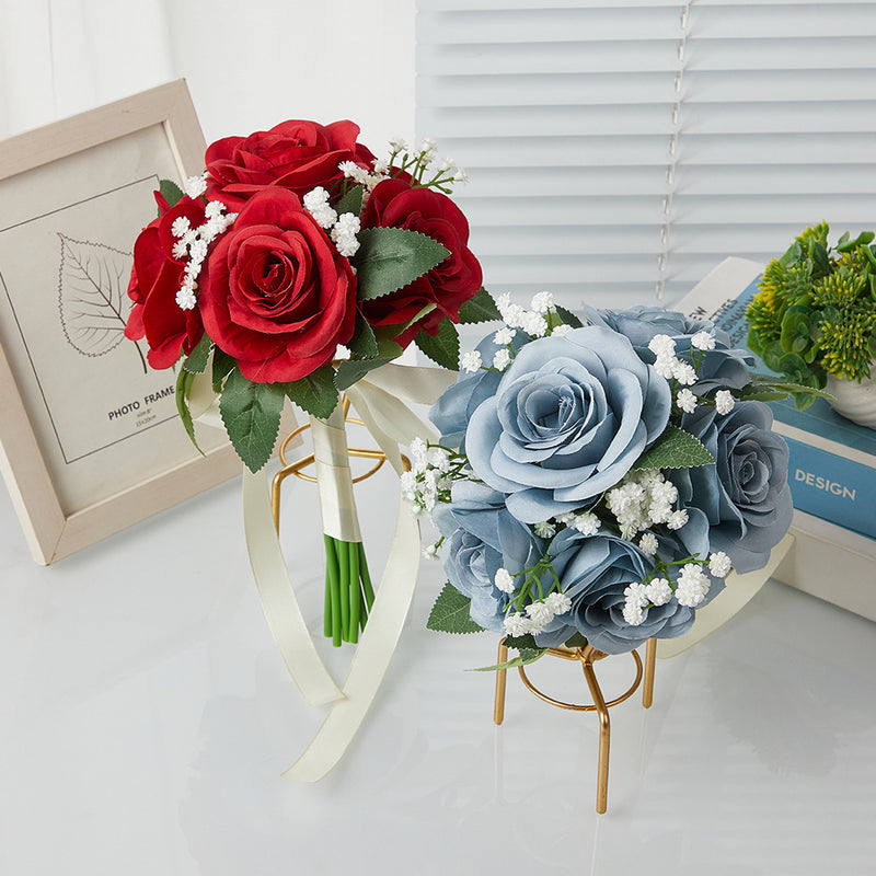 Bouquet with 6 Rose and Baby's Breath Blooms, Silk-Like Fabric, 11 Inches, Perfect for Weddings and Events