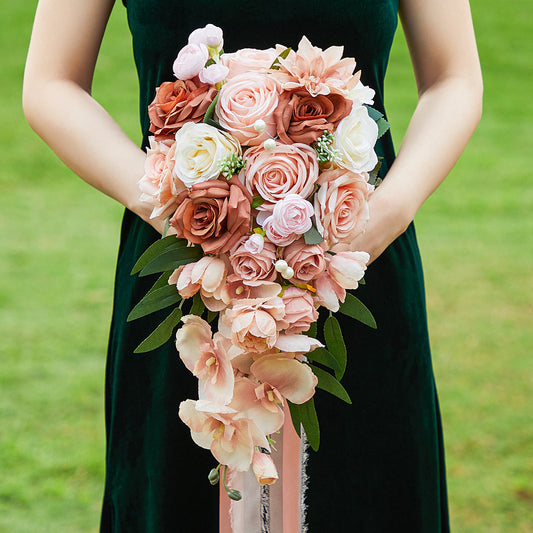Bulk 9" Bridal Bouquet Roses Silk Wedding Flower Cascading Adjustable Ribbon Waterproof for Outdoor Ceremonies Photo Shoots Wholesale