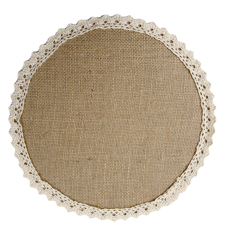 Rustic Linen Placemats with Lace Trim - 10x10 inches Yellow Jute Farmhouse Style (Set Includes Coasters)