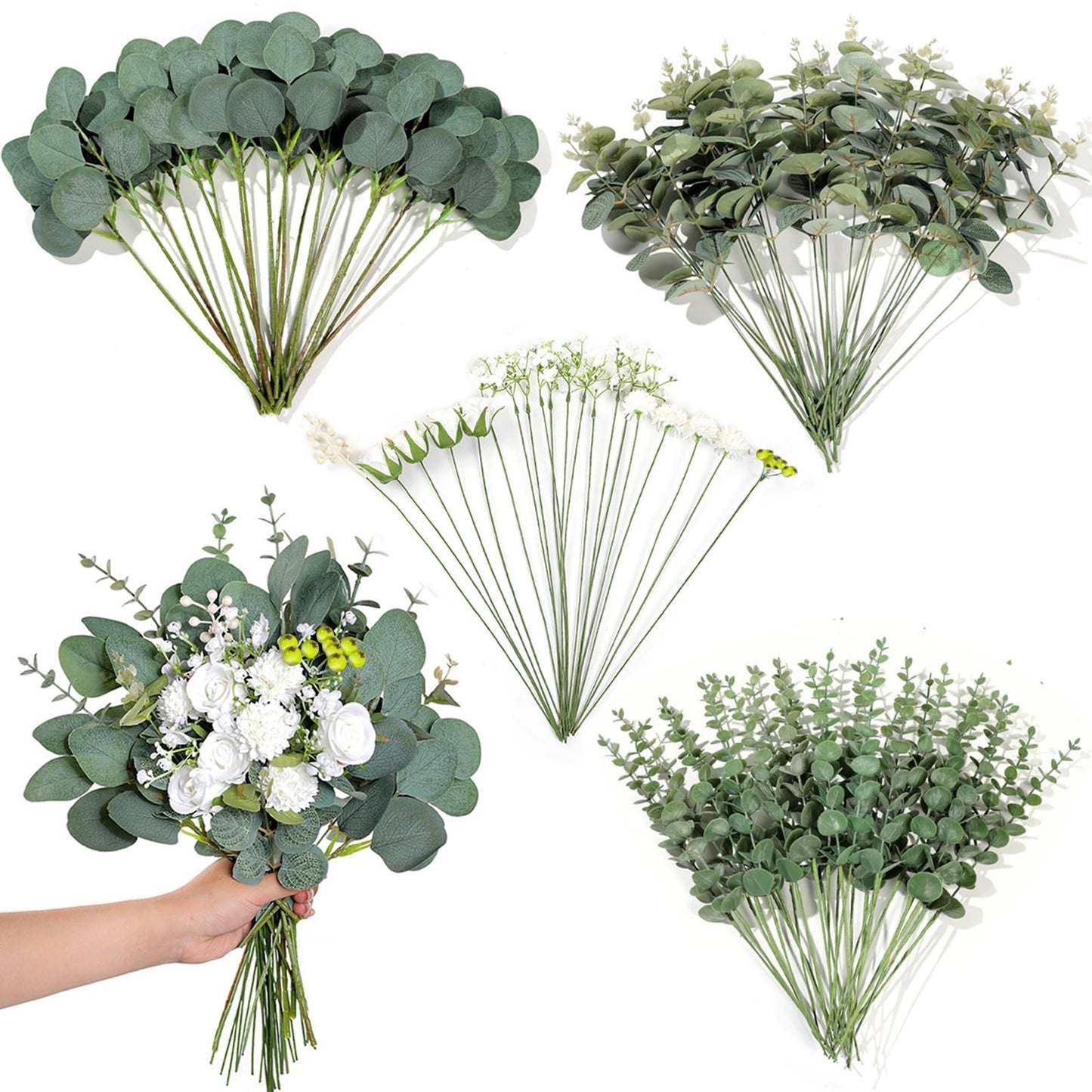 Bulk 110 Pcs 7 Kinds Mixed Artificial Eucalyptus Stems and Faux Flowers Wedding Floral Supplies for DIY Bouquets Table Centerpieces & Home Decor Arrangements Wholesale