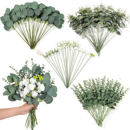 Bulk 110 Pcs 7 Kinds Mixed Artificial Eucalyptus Stems and Faux Flowers Wedding Floral Supplies for DIY Bouquets Table Centerpieces & Home Decor Arrangements Wholesale