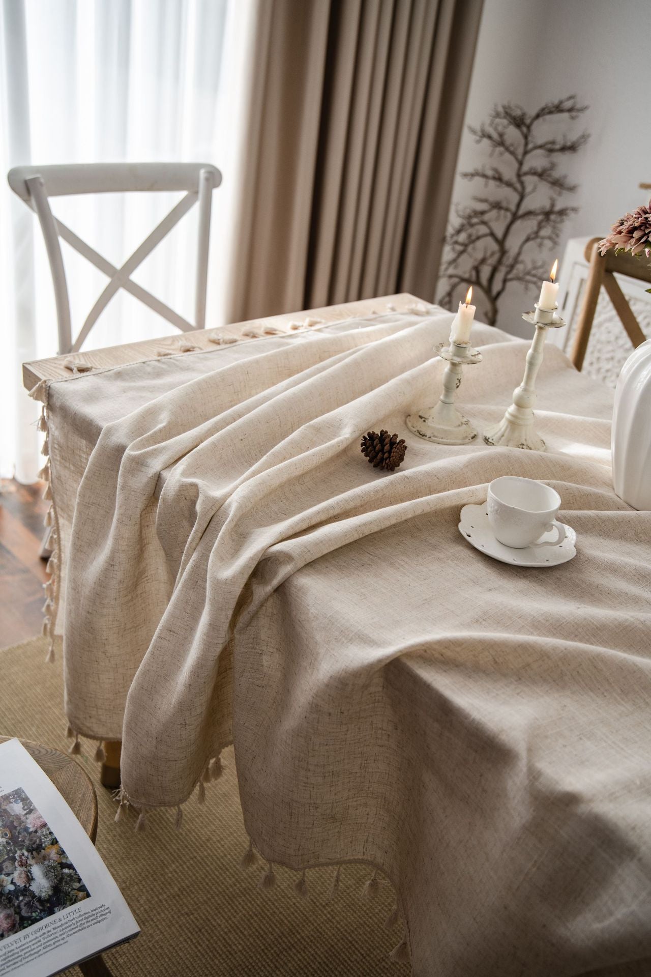 Bulk Linen Tablecloth Rectangle Tassel Table Cloth for Kitchen Dining Room Table Cover Wholesale