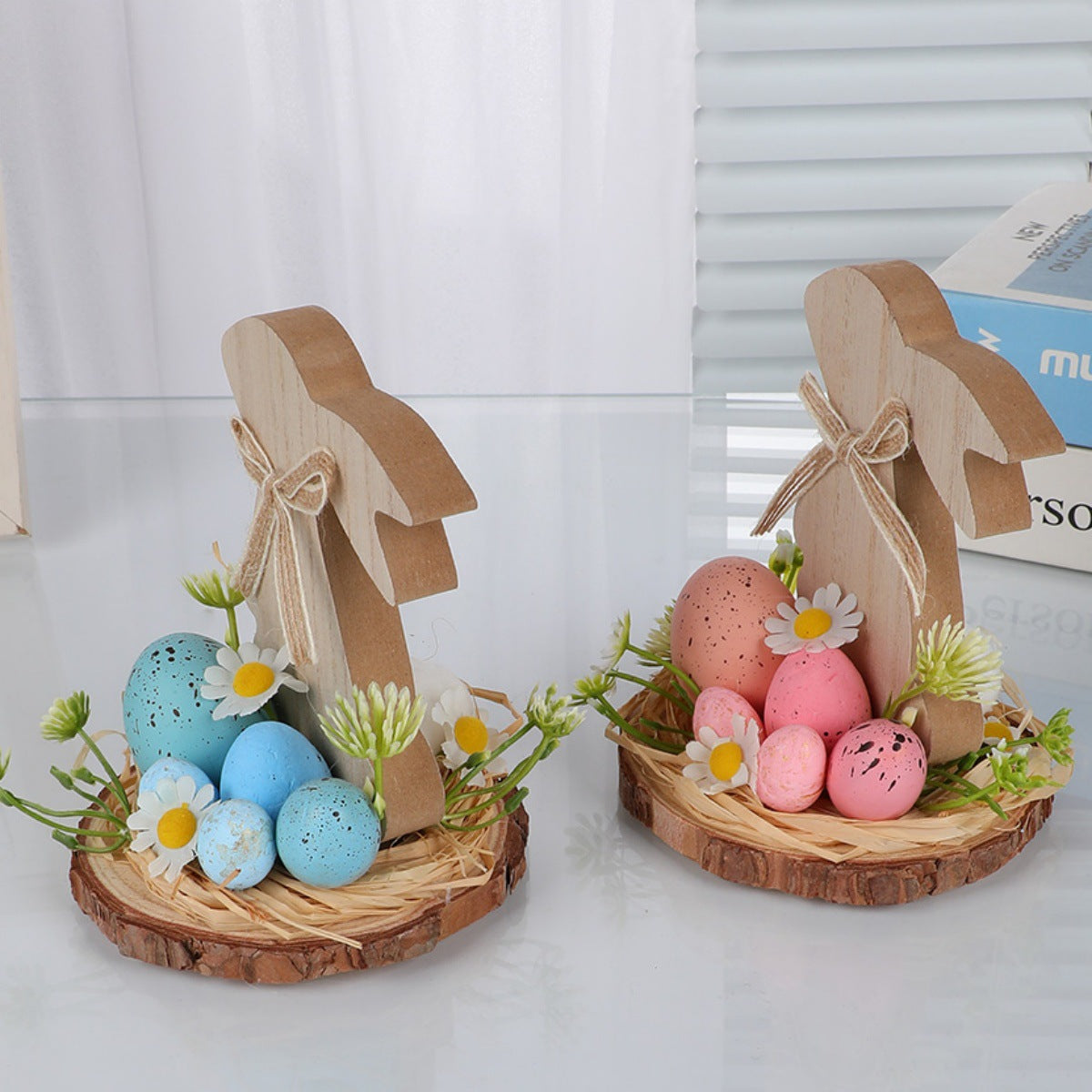 Easter Wooden Decor 3-Pack - Bunny & Egg Farmhouse Table Accents (5.91"×4.72"×4.72")