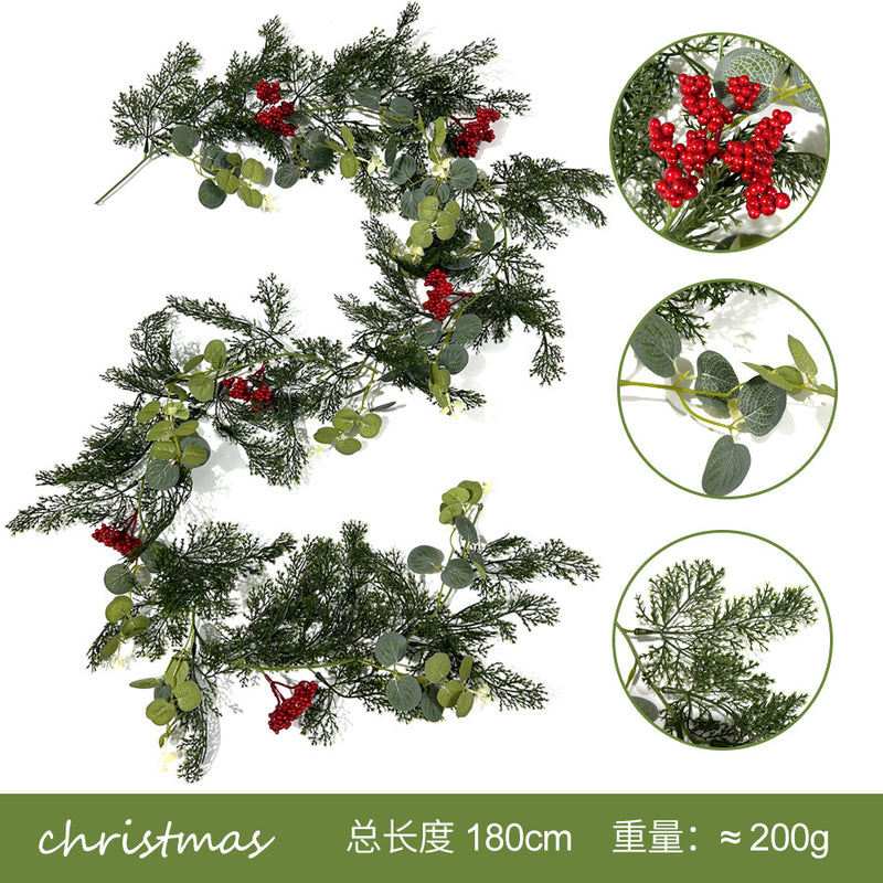 Artificial Christmas Garland Vine with Red Berries & Pine Needles, Plastic Hanging Greenery, Indoor Holiday Decor
