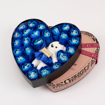 Heart Shaped Soap Rose Gift Box - 24 Soap Roses + Teddy Bear | Birthday & Valentine's Day Gift