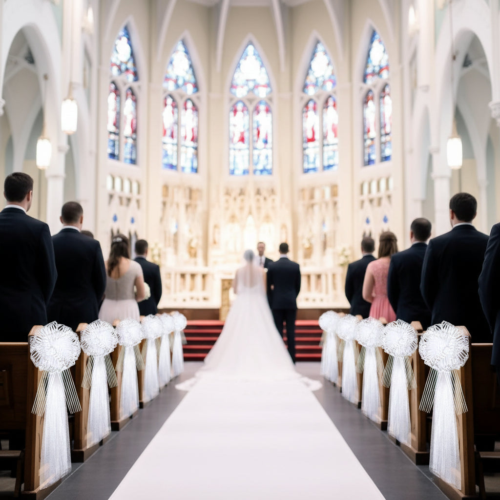 Church Wedding Aisle Chair Decor Kits (5-Pack) – 2m Tulle + White Ribbons per Set