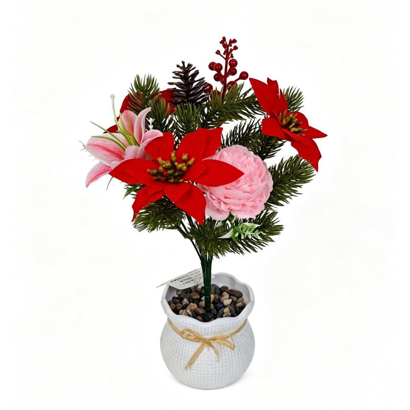 Artificial Poinsettia Bush, 12-Inch Christmas Holiday Decor, Faux Silk & PVC