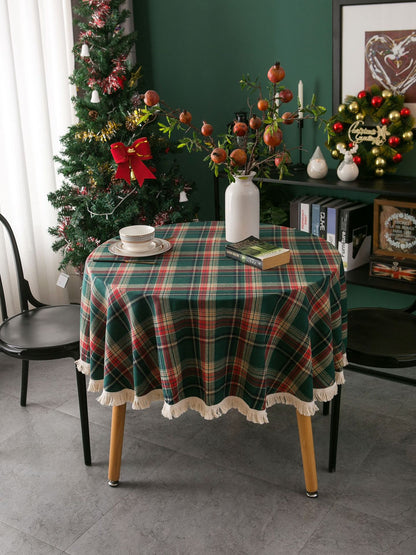 Bulk Plaid Yarn Dyed Fabric Round Tablecloth with Tassel Wholesale