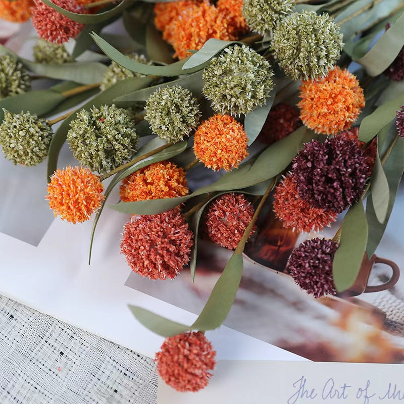Artificial Chrysanthemum Ball Flowers, Set of 5 Bush Stems with 6 Blooms Each, 16.5" Faux Silk Fall Florals for Wedding Centerpieces & Home Decor