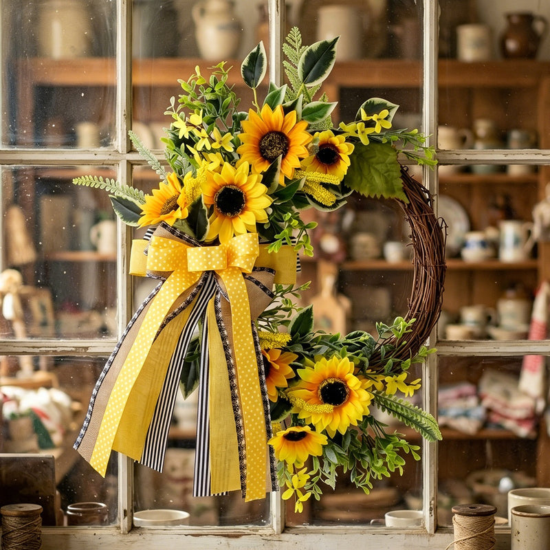 Autumn Sunflower Half Wreath Garland, 18" Long, Plastic, Bee Decor, Door Hanging