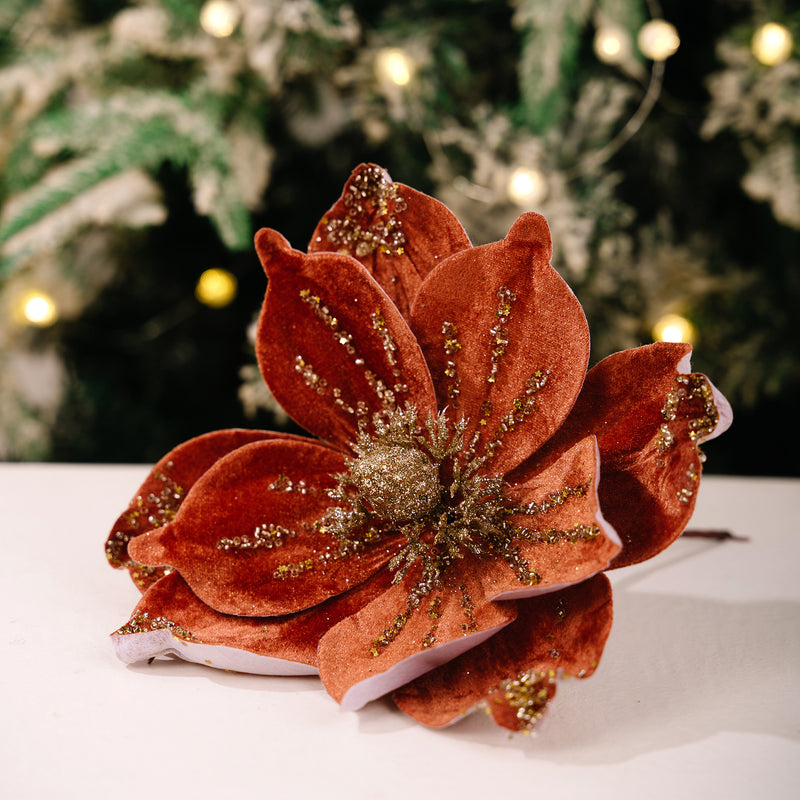 Gold Glitter Velvet Magnolia Artificial Flower, Single Stem with 1 Large Bloom, Christmas Tree Decor, Holiday & Wedding