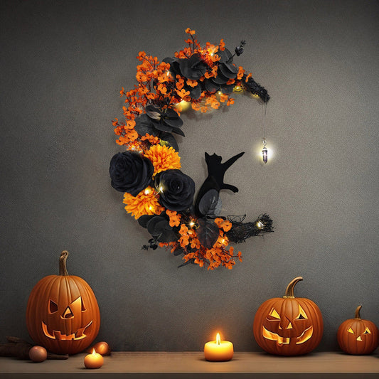 14 Inch Moon Cat Halloween Glowing Artificial Flower Rattan Wreath for Front Door, Bulk Wholesale