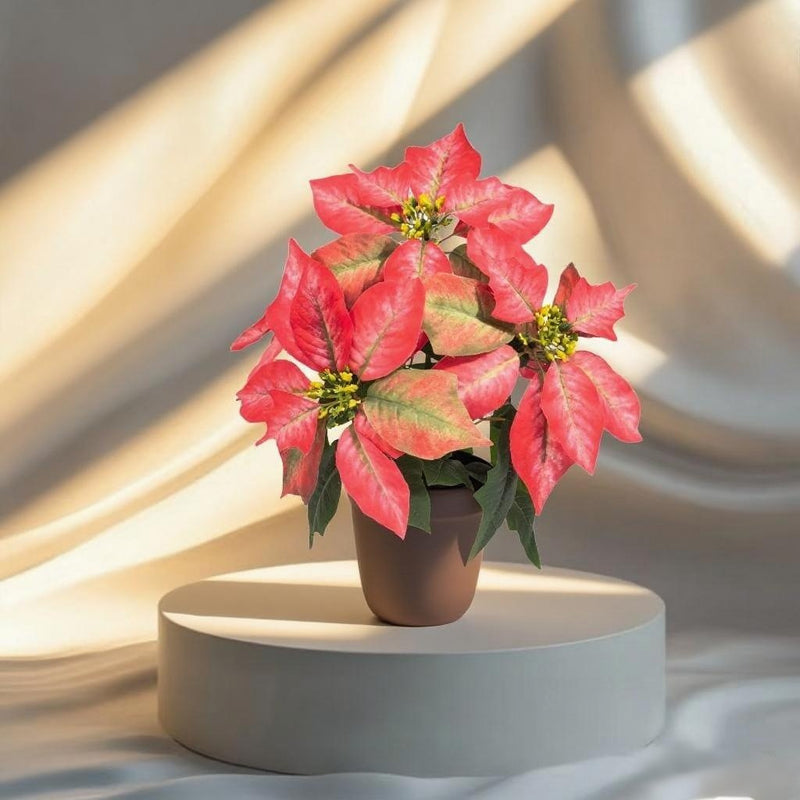 Artificial Poinsettia Bush with 5 Blooms, 12" Tall, Plastic, Indoor/Outdoor Holiday Decor