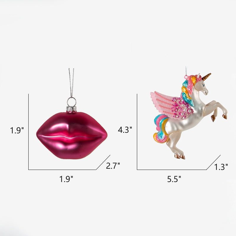 Bulk Christmas Ornaments 12 Pcs Glass Glitter Lips Unicorn Hanging Decorations with String Holiday Decor