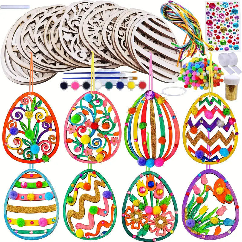 2-Pack DIY Easter Egg Kids Craft Kit - Wooden Painting Set with All-In-One Decor Supplies