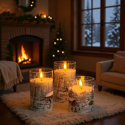 Christmas LED Flameless Candles - 3-Piece Snow Scene Glass Decals Winter Holiday Ambience Decor (3"-6")