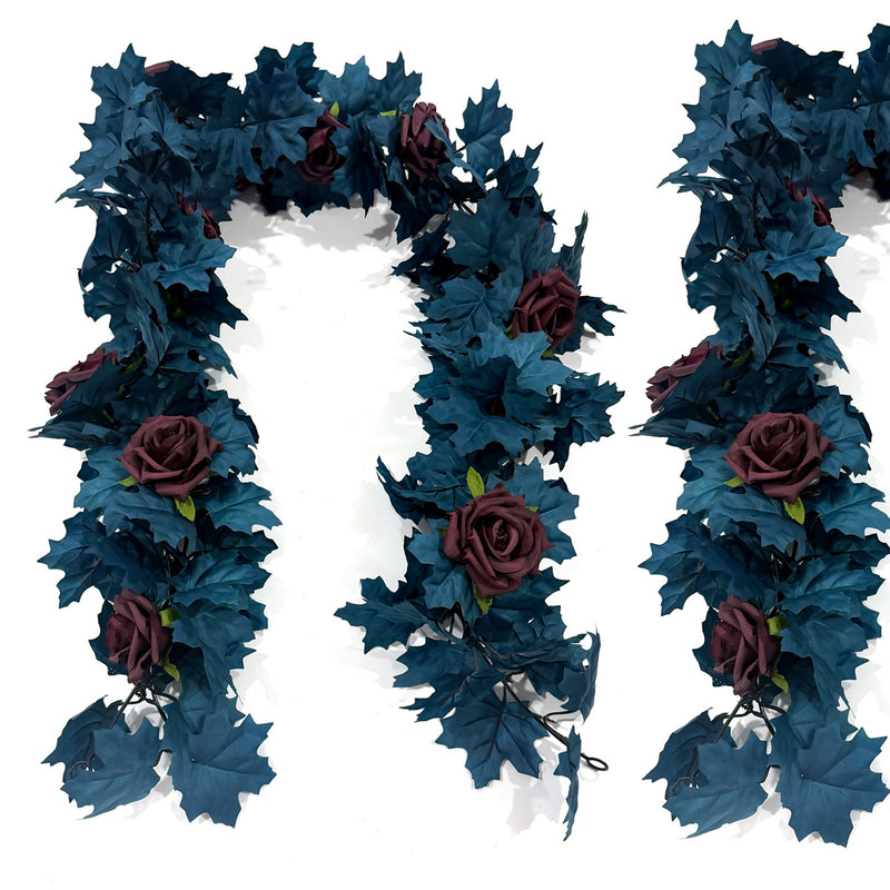 Artificial Maple Leaf & Rose Garland Vine, Blue Faux Silk Fabric, 2 Pcs per Pack, Halloween Decor