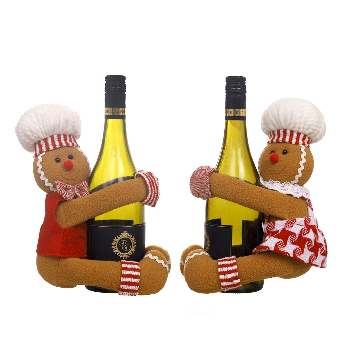 Christmas Couple Gingerbread Man Wine Bottle Cover - Festive Fabric Decor