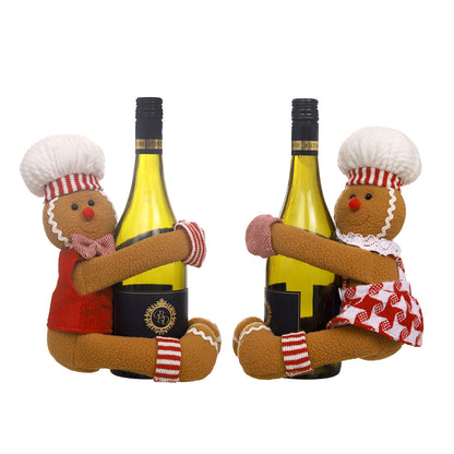 Christmas Couple Gingerbread Man Wine Bottle Cover - Festive Fabric Decor