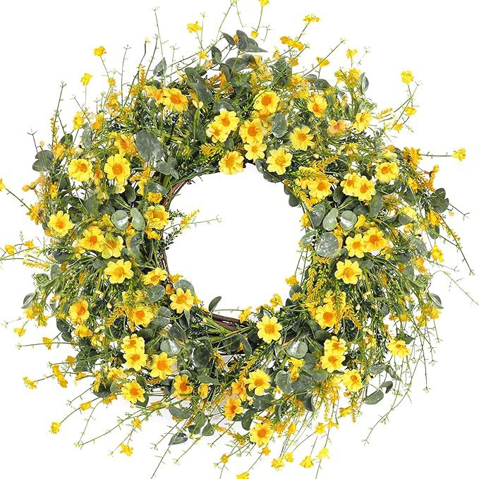Premium 24 In Daisy Wreath Silk Flowers with Eucalyptus Lavender Boho Farmhouse Wedding Decor Seasonal Wall Hanging Arrangements