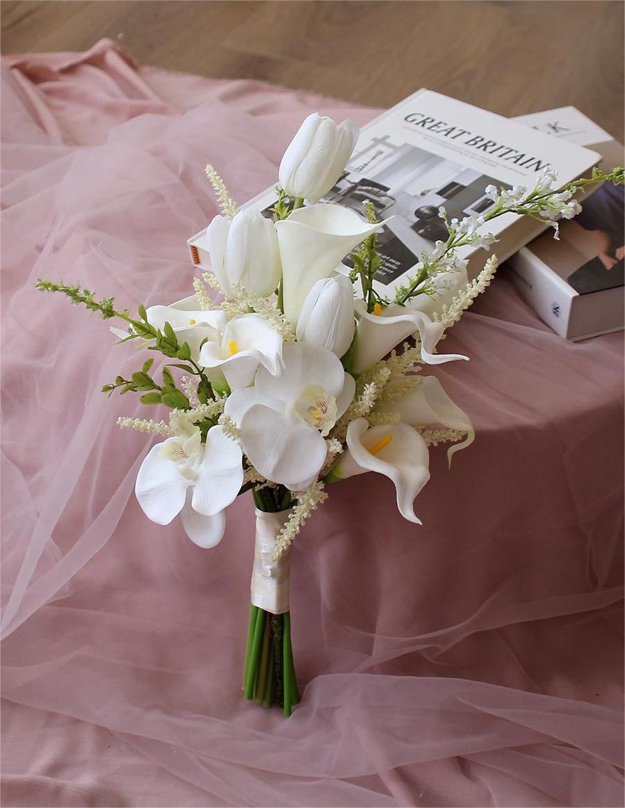 Bulk Tulip Bridal Bouquet 15" Luxury Artificial Flower Hand Tied Flexible Stems Fade Proof for Wedding Ceremony Bridesmaids Whoelsale