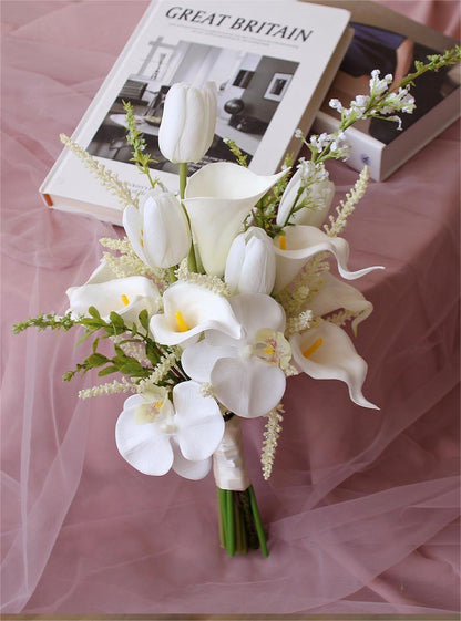 Bulk Tulip Bridal Bouquet 15" Luxury Artificial Flower Hand Tied Flexible Stems Fade Proof for Wedding Ceremony Bridesmaids Whoelsale