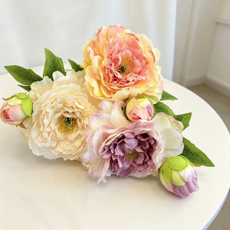 Peony & Ranunculus Silk Bush with 2 Blooms, 20" Tall, for Weddings & Home Decor