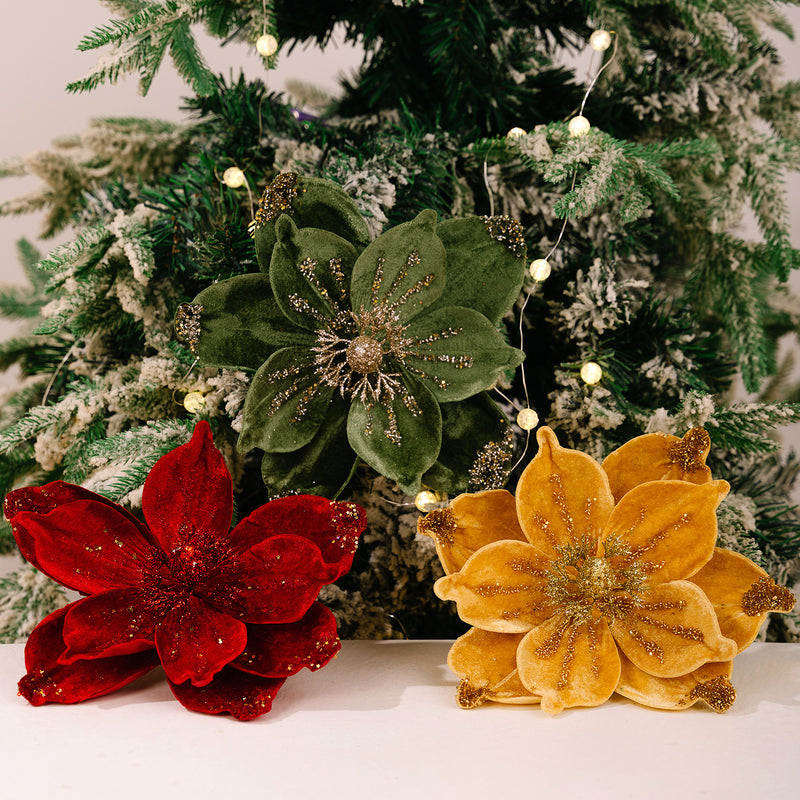 Gold Glitter Velvet Magnolia Artificial Flower, Single Stem with 1 Large Bloom, Christmas Tree Decor, Holiday & Wedding