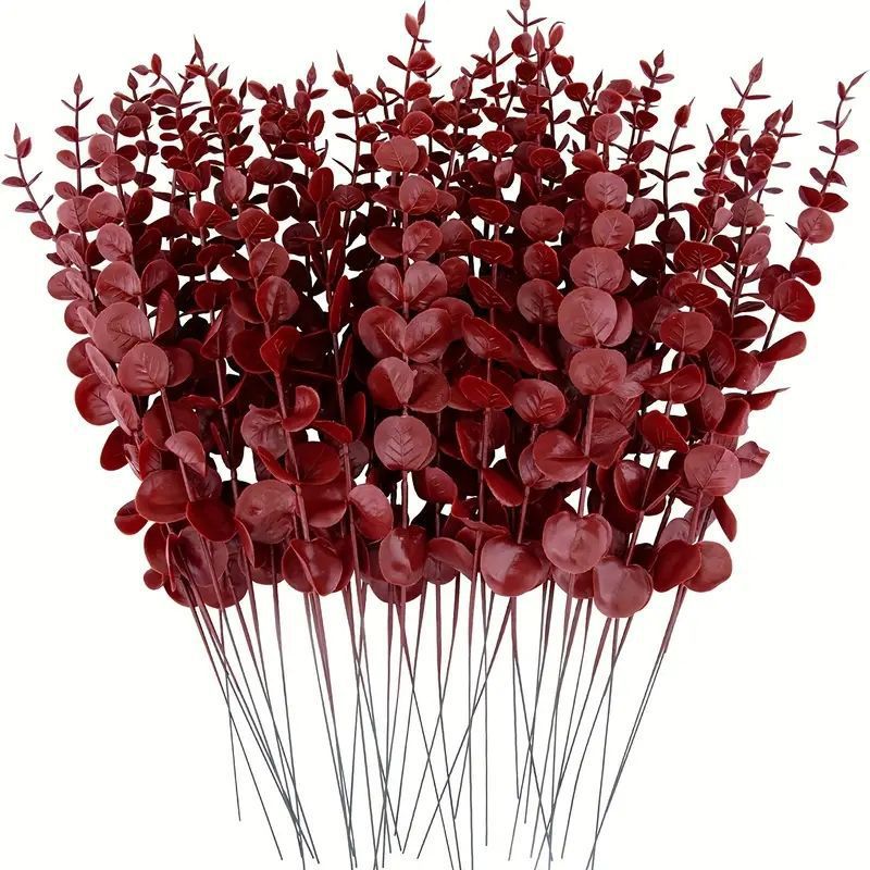 Artificial Red Eucalyptus Leaf Stems, Pack of 50 Single Stem Faux Eucalyptus Branches for Wedding, Holiday & Home Decor