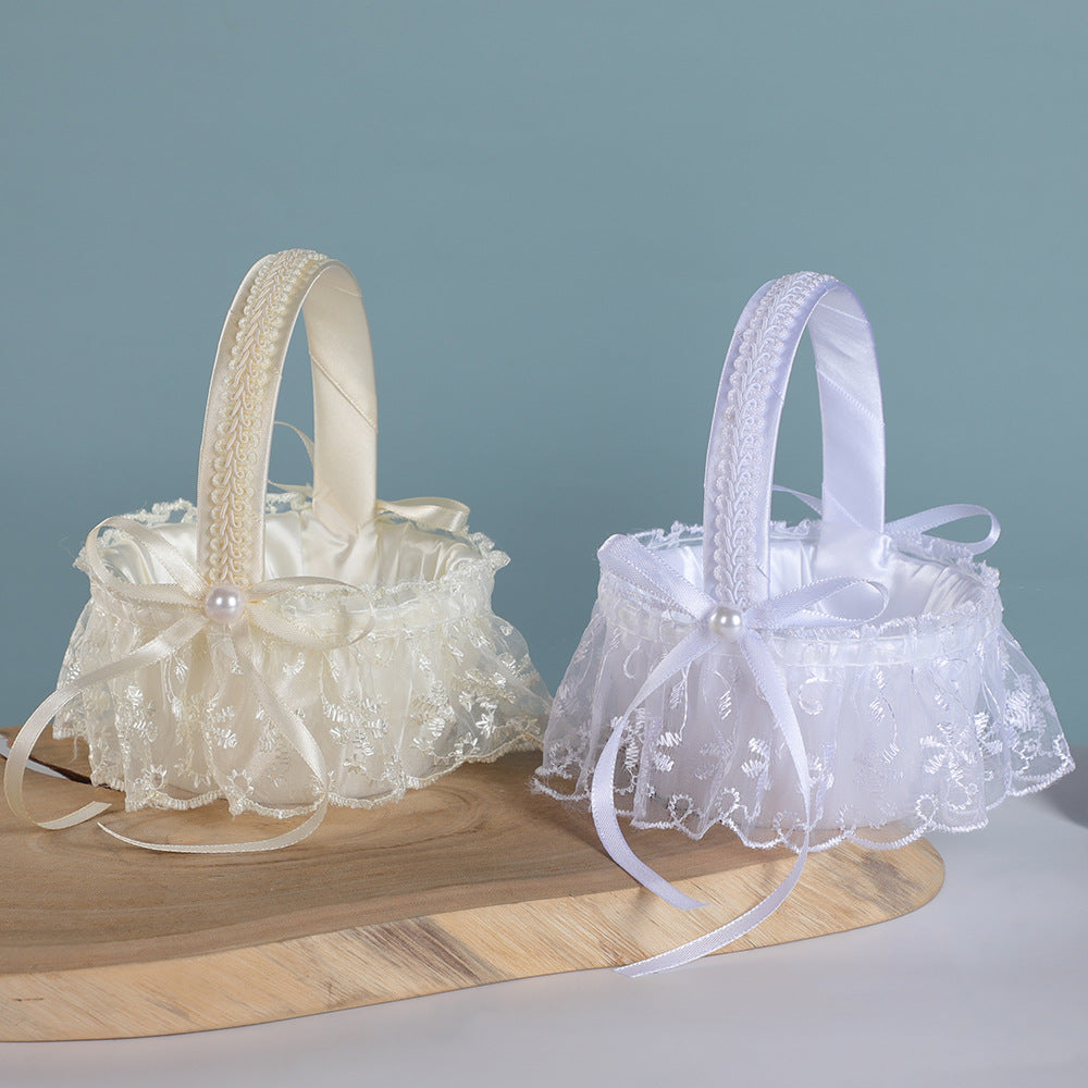 3-Pack Wedding Flower Girl Basket - Blue Lace & Pearl Accent Bridal Candy & Petal Holder