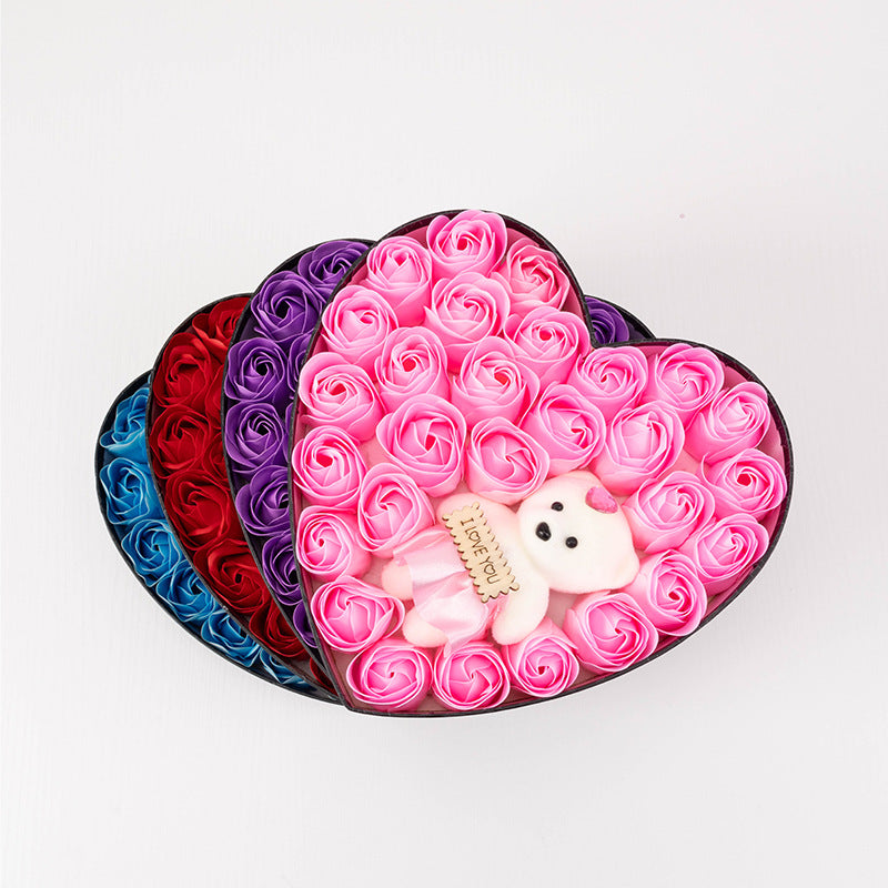 Heart Shaped Soap Rose Gift Box - 24 Soap Roses + Teddy Bear | Birthday & Valentine's Day Gift