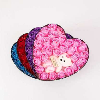 Heart Shaped Soap Rose Gift Box - 24 Soap Roses + Teddy Bear | Birthday & Valentine's Day Gift