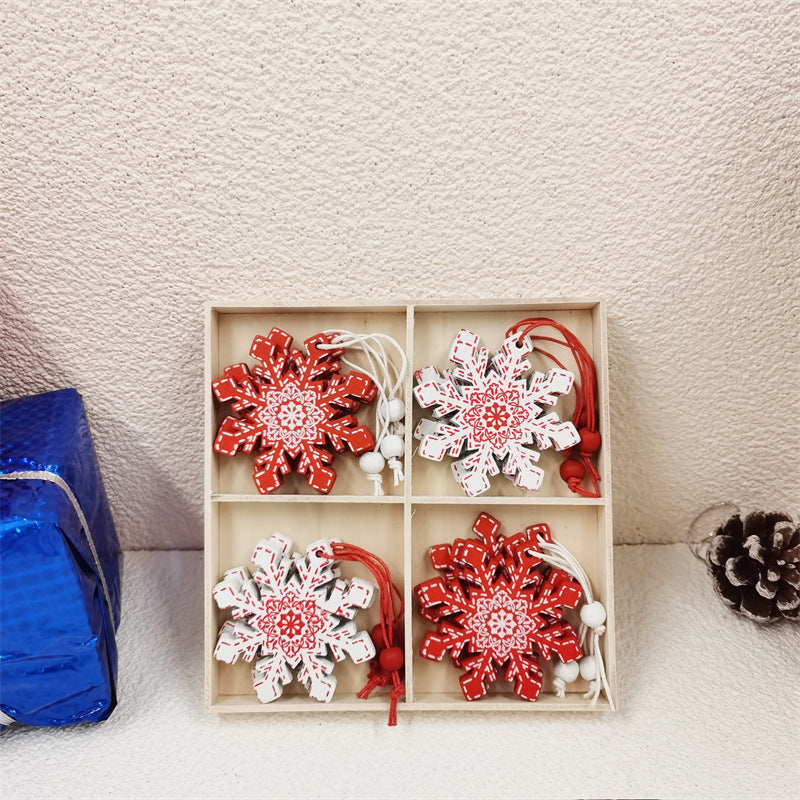 12 Pcs Christmas Ornaments Set with Snowflakes, Bells, Elk Wooden Pendants, Hanging Decorations in 4-Grid Box