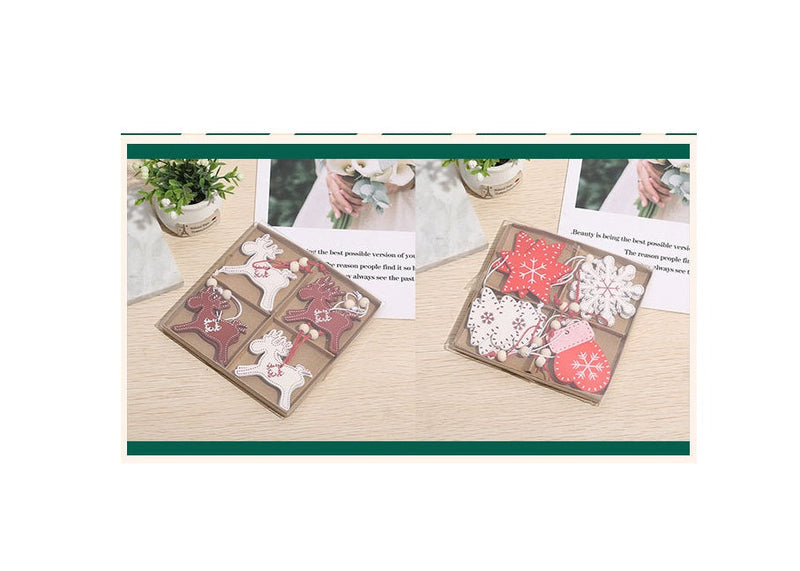 Wooden Christmas Tree Ornaments Set with Elk, Snowflake, and Gloves Designs – Bulk Decorative Holiday Supplies