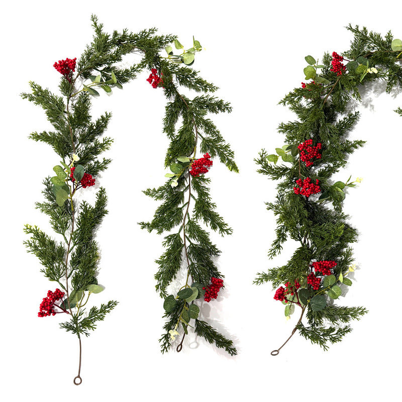 Artificial Pine Cypress Vine Garland, 71 in Trailing Greenery with Red Berries, Christmas Door Hanging & Home Decor