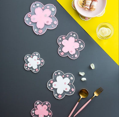 Bulk 3 Pcs PVC Sakura Coasters Cute Non-Slip Washable Silicone Placemat for Party Dining Decor Wholesale