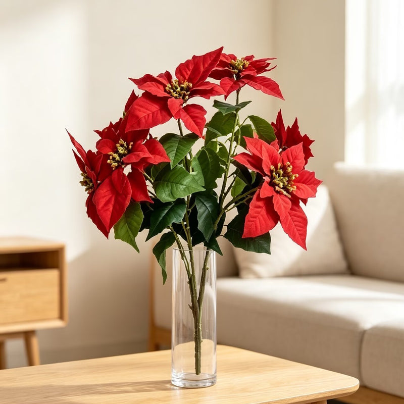 Artificial Poinsettia Bush with 12 Blooms, 18 Inches, Faux Silk and Plastic, Wedding and Home Decor