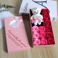 Valentine's Day 12 Gradient Rose Soap Flowers Box with Bear - Cute Gift for Her