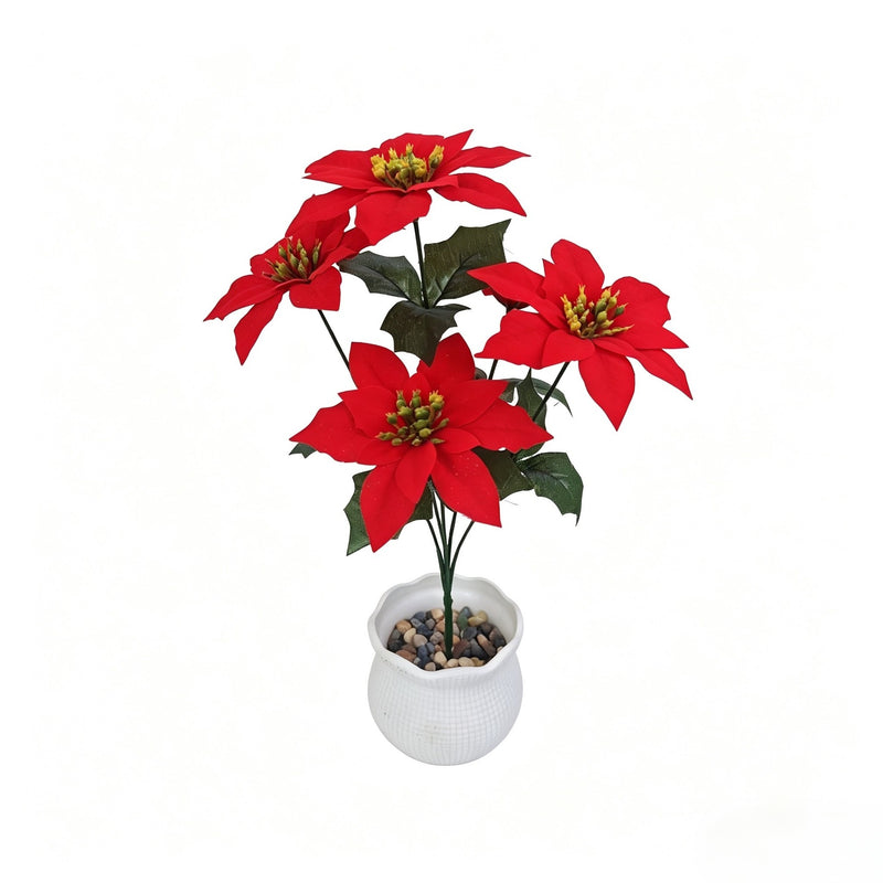 15" Artificial Poinsettia Bush with 5 Blooms, PVC & Silk-Like Fabric, Indoor Holiday Decor for Christmas, Weddings, Events