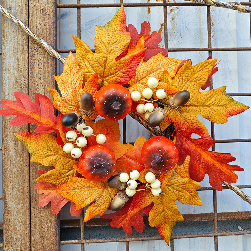 Artificial Maple Leaf Pumpkin Candle Holder Rings 12 Inch Mini Tabletop Wreath Centerpiece 6 Pcs