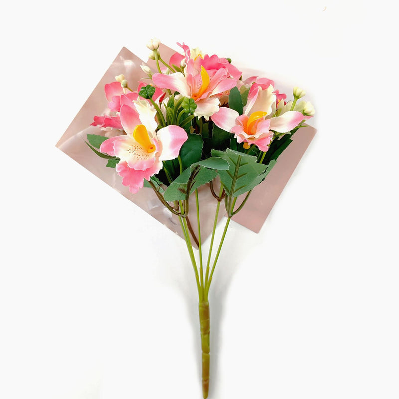 Artificial Cattleya Orchid Bush with 10 Blooms, Silk-Like Fabric, 12" Tall, for Weddings, Home Decor, and Table Arrangements