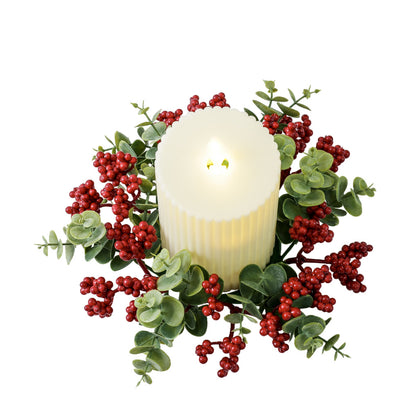 Eucalyptus & Red-Berry Candle Ring – 8" Christmas Table Centerpiece Fits Standard Pillar & Taper Candles