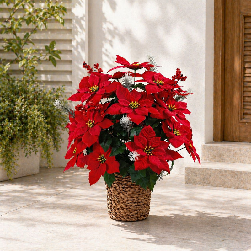 Artificial Poinsettia Bush with 36 Blooms, 14" Silk-Like Christmas Flower Arrangement for Holidays, Weddings & Home Decor