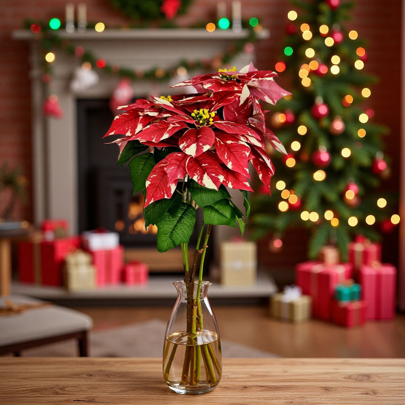 Artificial Poinsettia Bush with 23cm (9") Snowflake-Patterned Blooms, 20" Tall, Indoor Decor