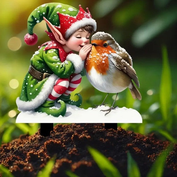 3 Christmas Gnomes & Robin Acrylic Garden Stakes - Bohemian Outdoor Lawn Decor for Planters