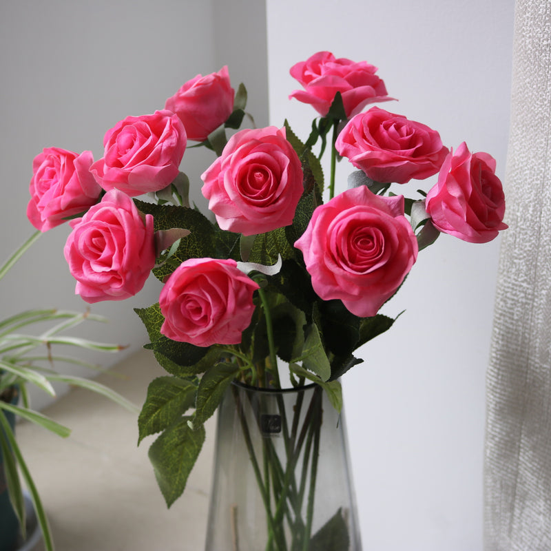 Realistic Silk Rose Bouquet, Set of 10 Stems with 6.5" Blooms, 17" Tall, Wedding & Home Decor, Floral Arrangements