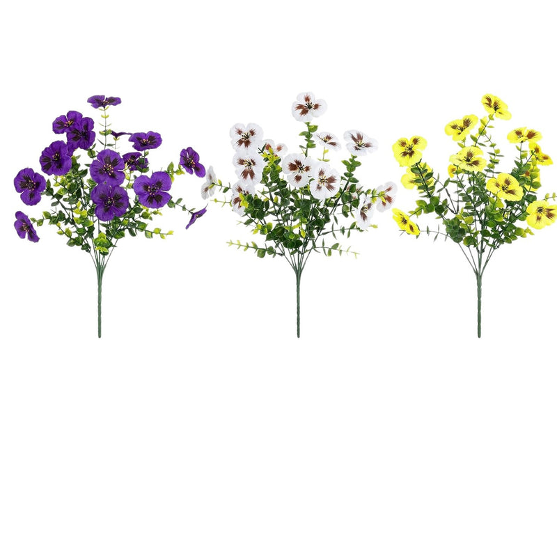Artificial Pansy Bush Set of 4 with Eucalyptus, 14 Branches Each, Faux Silk Fabric, Home, Outdoor & Wedding Decor
